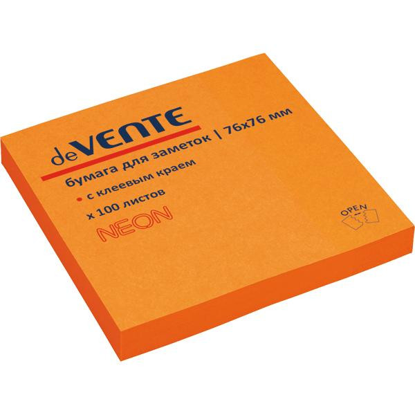 Клейкая бумага для заметок 76*76 "deVente"неоновая оранжевая