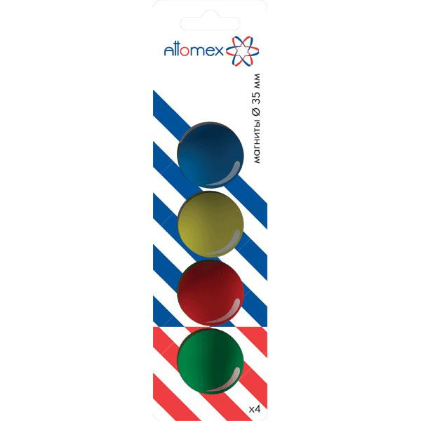 Магнит для доски офисной "Attomex" Ø 35 мм, 4 шт, цвета ассорти, в картонном блистере