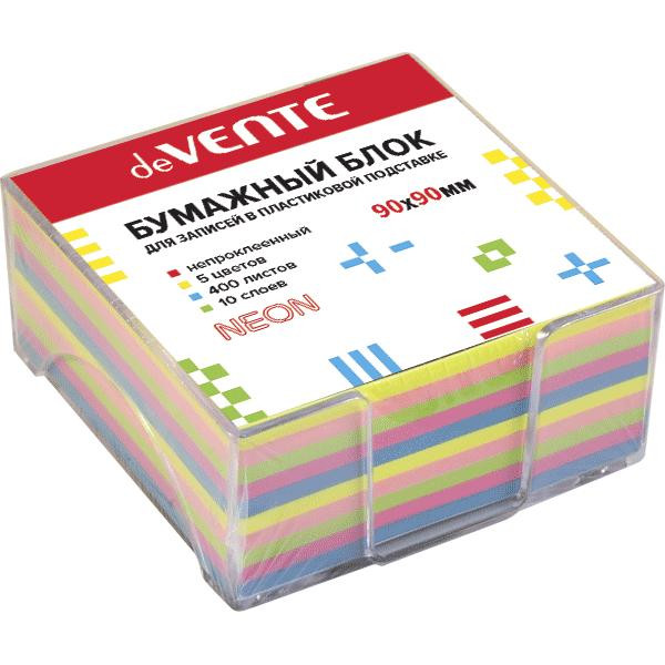 Куб бумажный для записей "deVENTE" 90x90х50 мм,в подставке 400 листов, 5 неон цв, 10 слоев, непрокл