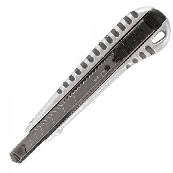 Нож канцелярский 9 мм BRAUBERG "Metallic", метал. корпус (рифленый), автофиксатор, блистер,