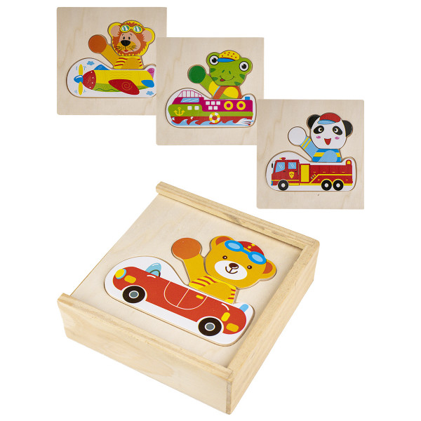 Деревянная игрушка Пазл - рамка в коробке "Зверята  в машине"