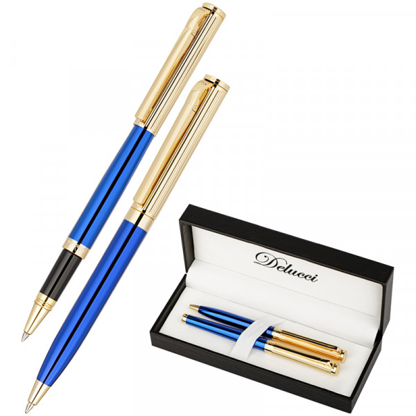 Набор DELUCCI ручка шарик. 1мм, ручка-роллер 0,6мм синие. корпус синий/золото