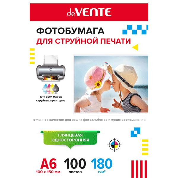 Фотобумага DeVente д/струйной печати А6 180г/м 100л. одност., глянцевая