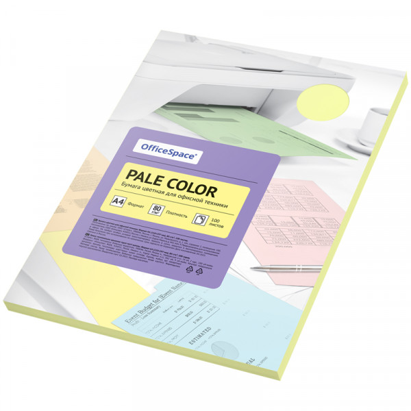 Бумага  цветная OfficeSpace"Pale Color", А4.80г/м.100л желтый