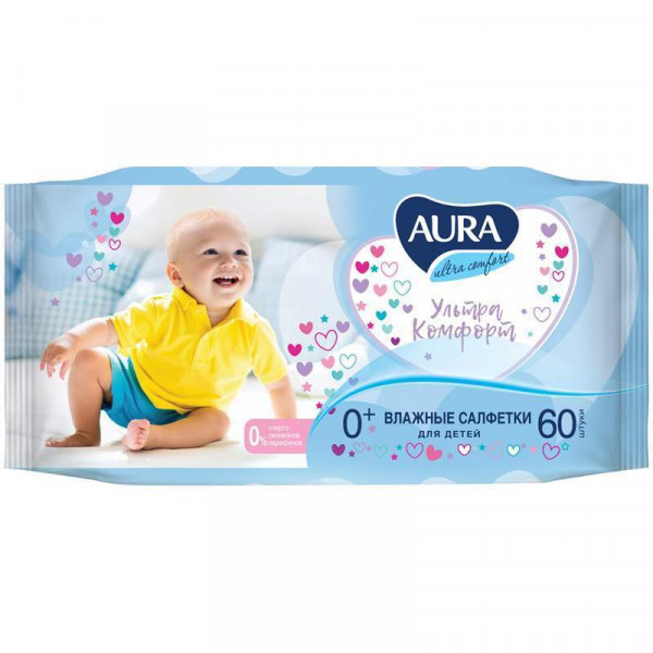 Салфетки влажные Aura 60шт. детские с алоэ