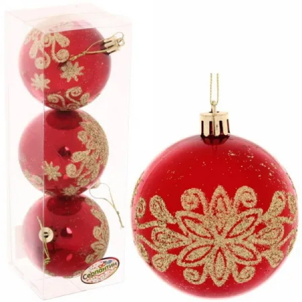 Шары новогодние 7см, набор 3 шт."Павлиний хвост" красный