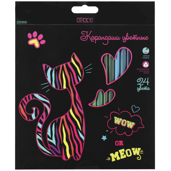 Карандаши 24 цв. Кокос ERGO First Cat neon 3 гран.