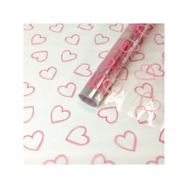 Пленка цветная 70 см Сердечки контурные, розовые 200г, 40мкр.