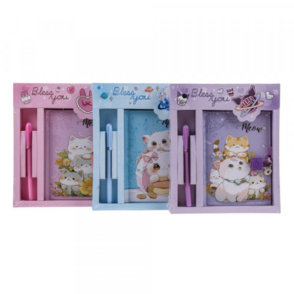 Блокнот 45л. "Кошечки" 20*17 с замком+ ручка шарик, ассорти