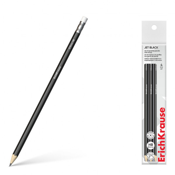 Набор карандашей ч/г ErichKrause Jet Black НВ, 6-ти гранн, с ластиком