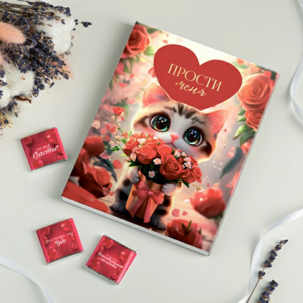 Набор 12 шоколадок "Прости меня" (Котик с красными розами)