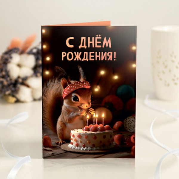 Открытка 4 шоколадки "С днём рождения!" (белочка с тортом)