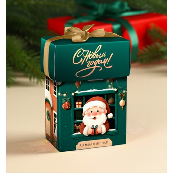 Чай в подарочной упаковке "С Новым годом!" (дед Мороз в домике) черный с чабрецом 50г (с бантиком)