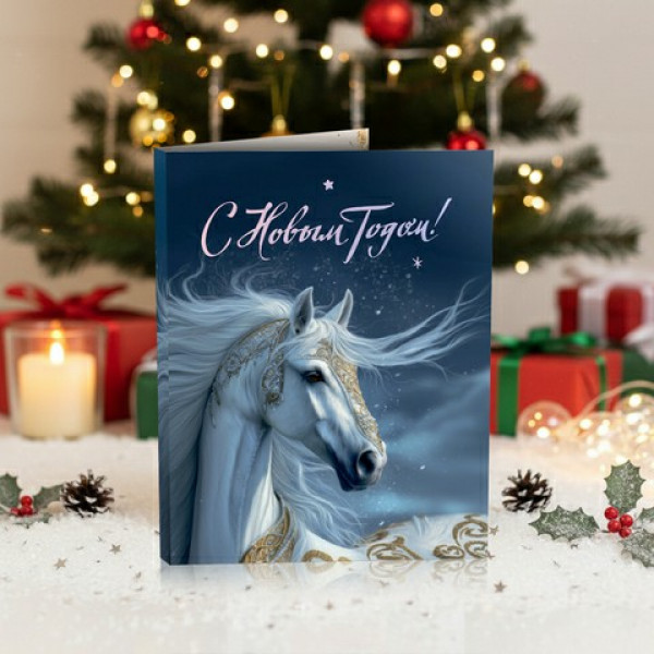Мини-открытка "С Новым Годом!" (белая лошадь на синем фоне)