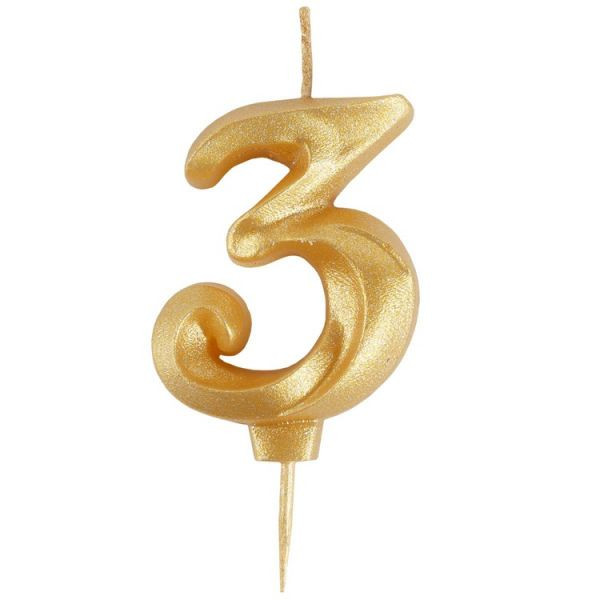 Свеча-цифра "3" Витая золото 5см.