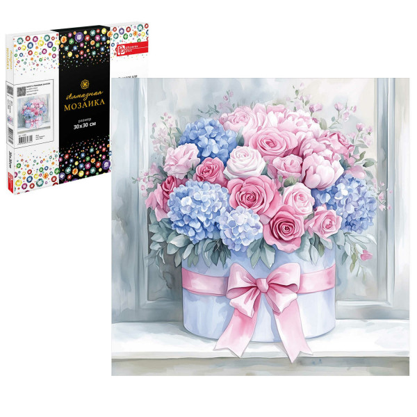 Алмазная мозаика Букет с розовым бантом 30*30