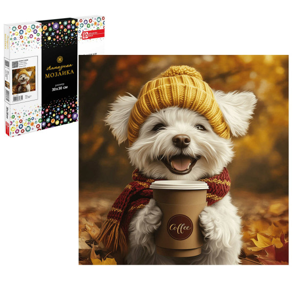 Алмазная мозаика Пёсик с кофе 30*30