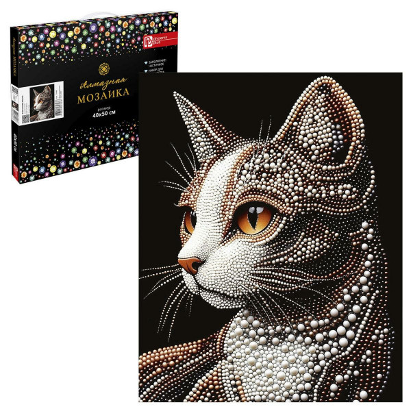 Алмазная мозаика Жемчужная кошка 40*50, частичная выкладка