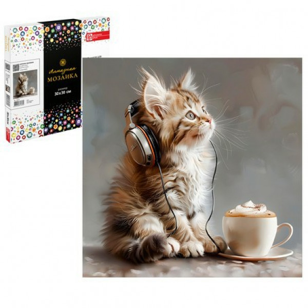 Алмазная мозаика Котенок меломан 30*30