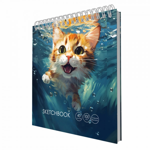 Скетчбук А6+ 7БЦ 40л Довольный котик, евроспираль