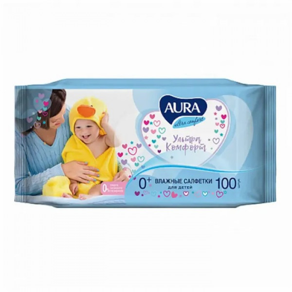 Салфетки влажные Aura 100шт детские универсал. очищающ. без спирта