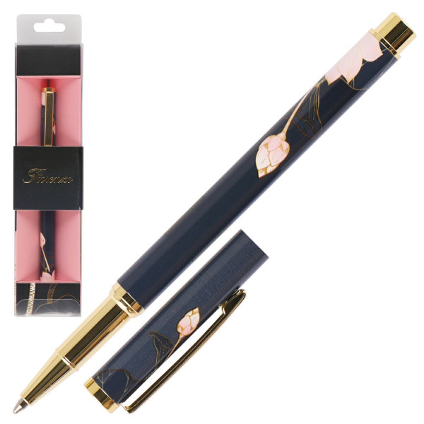 Ручка шарик. подарочная "FIORENZO" Цветок лотоса на черном, картон. футляр