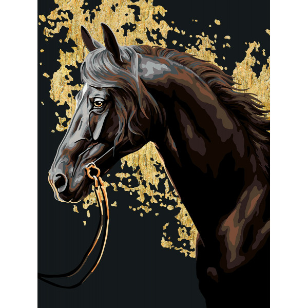 Набор для раскрашивания по номерам "Вороной скакун" 40*30см.(эфф. черного холста)