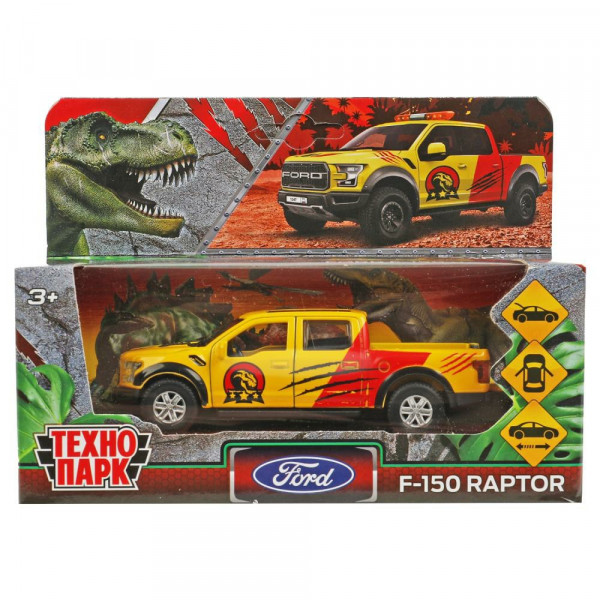 Машина мет FORD F150 RAPTOR Динозавры 12 см двери.баг желтый