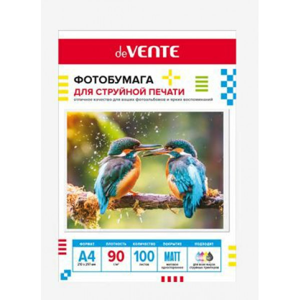 Фотобумага для струйной печати "deVENTE" A4, 100 л, 90 г/м², матовая односторонняя