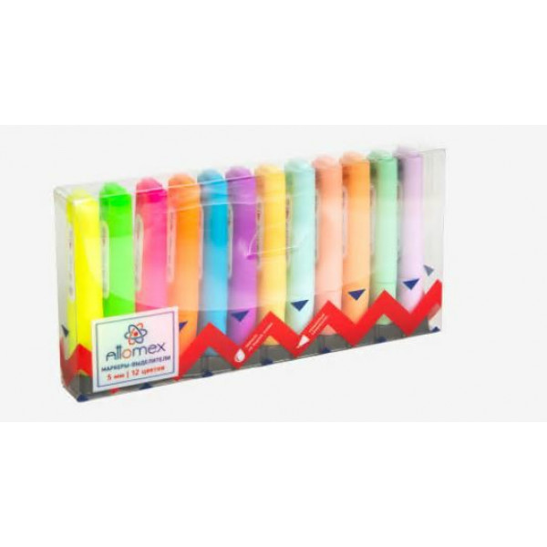 Набор маркеров-выделителей "Attomex" 12цв, плоский корп. скошенный након. ширина линии 1-5мм