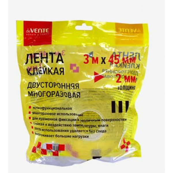 Клейкая лента двустор. "deVENTE REPAIR & CRAFT" многоразов. прозрачная 3м*45 мм толщина 2 мм.