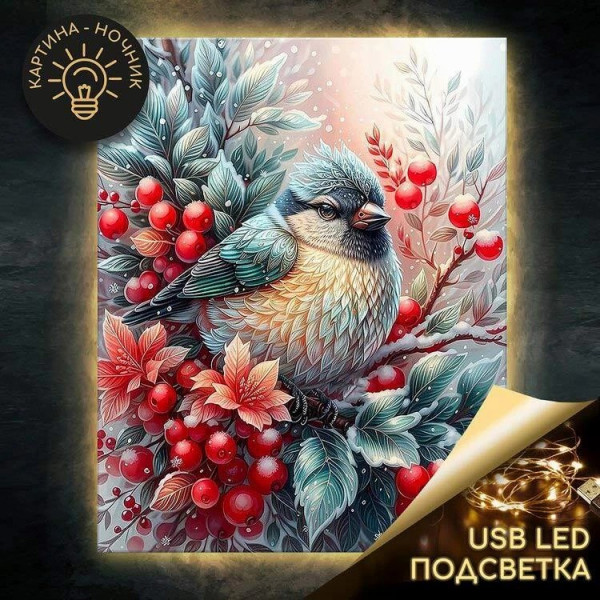 Картина по номерам 40*50 Зимняя птичка LED подсветка (27цв)
