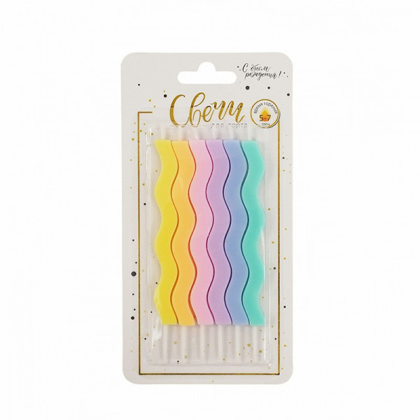 Свечи д/торта Классические Волны (пастель разноцв.) с держателями 6шт /10см.