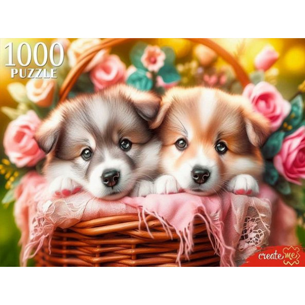 Пазлы 1000 Два щенка в корзине