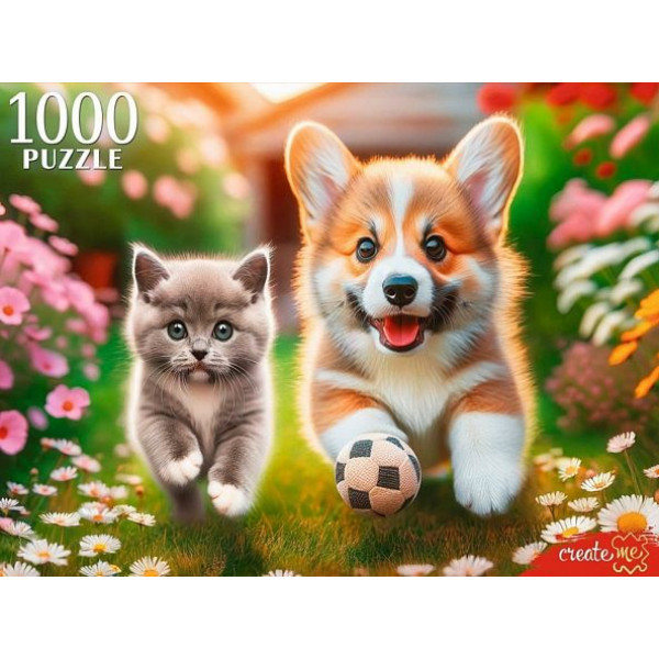 Пазлы 1000 Корги и британский котенок