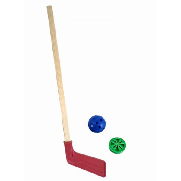 Клюшка дет. с шайбой и мячиком в индивид. упак.(дерево+пластик)