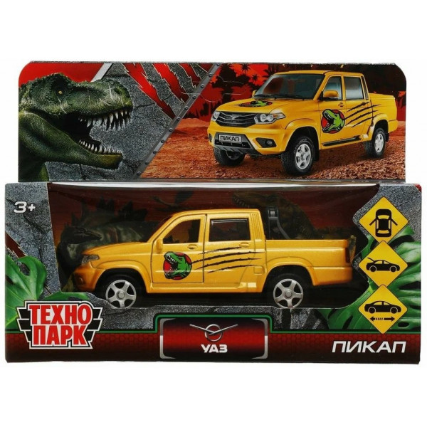Машина мет. УАЗ ПИКАП Динозавры 12 см. желтый