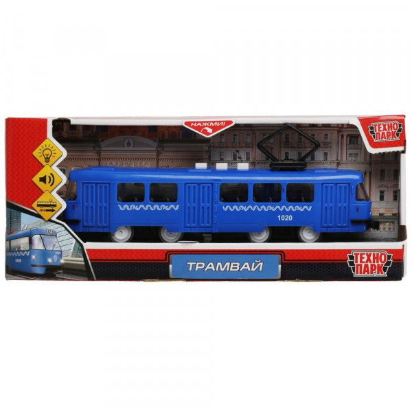 Машина пласт.свет/звук ТРАМВАЙ Метрополитен 21 см. 3кноп.инерц.синий