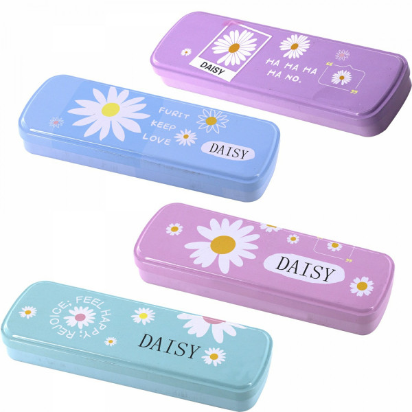 Пенал металл. 2 отд. ALINGAR 55*190мм, табл.умн, "Daisy" ассорти