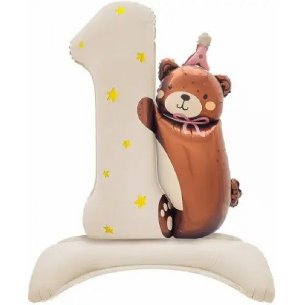 Шар (35/89) цифра на подставке, 1 годик, Мишка в роз. колпачке, бежевый