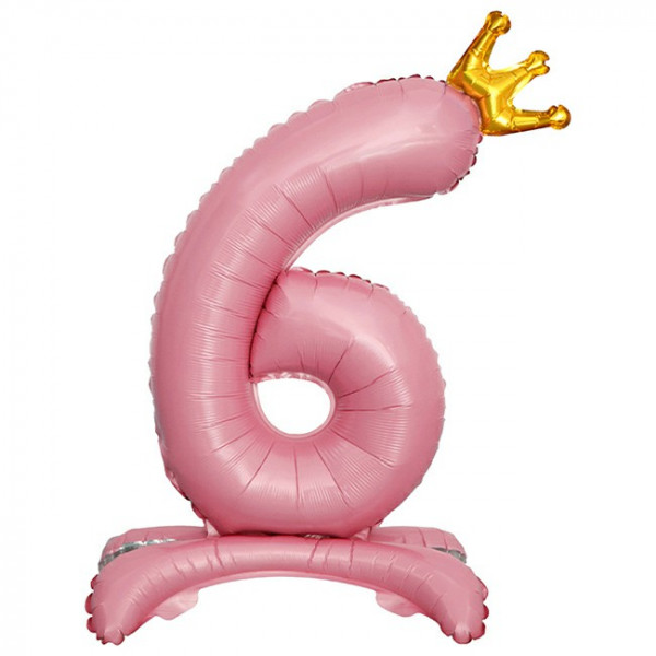 Шар (32/81) цифра на подставке"6" Золотая корона, Розовый