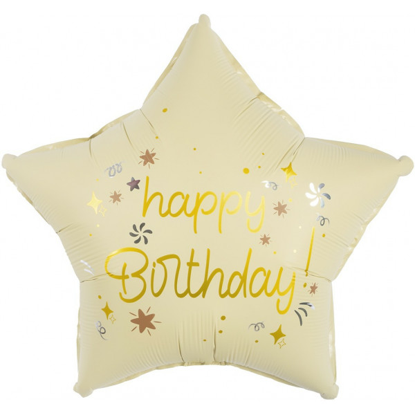 Шар (18/46) Звезда, Happy Birthday (звездочки), Кремовый, Сатин