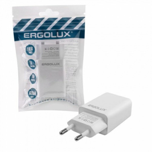 Сетевой адаптер Ergolux 1USB 100-220В, 5V/2А, белый