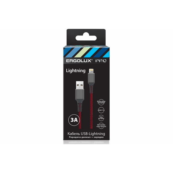 Кабель USB-Lightning 3A 1.5м, черный-красный