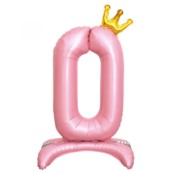 Шар (32/81) цифра на подставке"0" Золотая корона, Розовый
