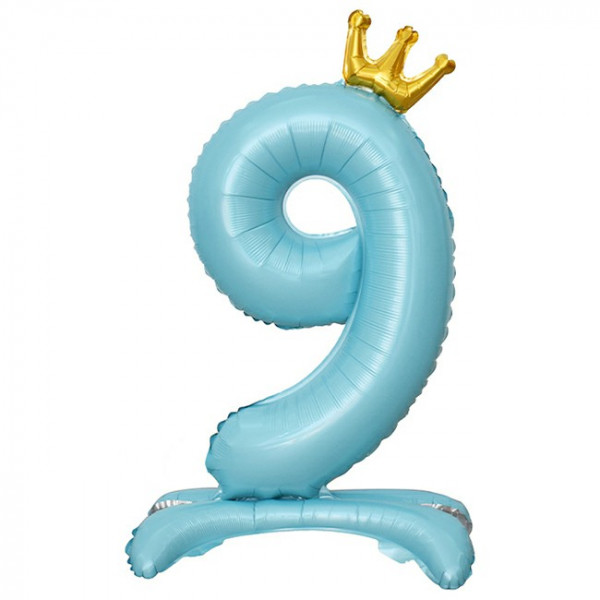 Шар (32/81) цифра на подставке"9" Золотая корона, Голубой