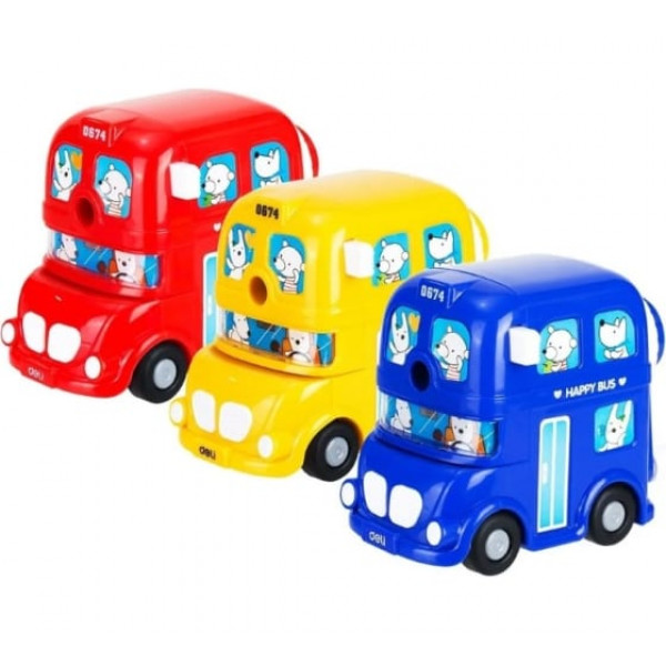 Точилка пласт.механич. Deli BUS, одно отверстие, ассорти