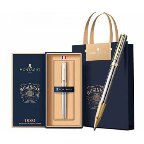 Ручка в футляре Montagut 0,5мм роллер, корпус мет. серебро/золото, синяя